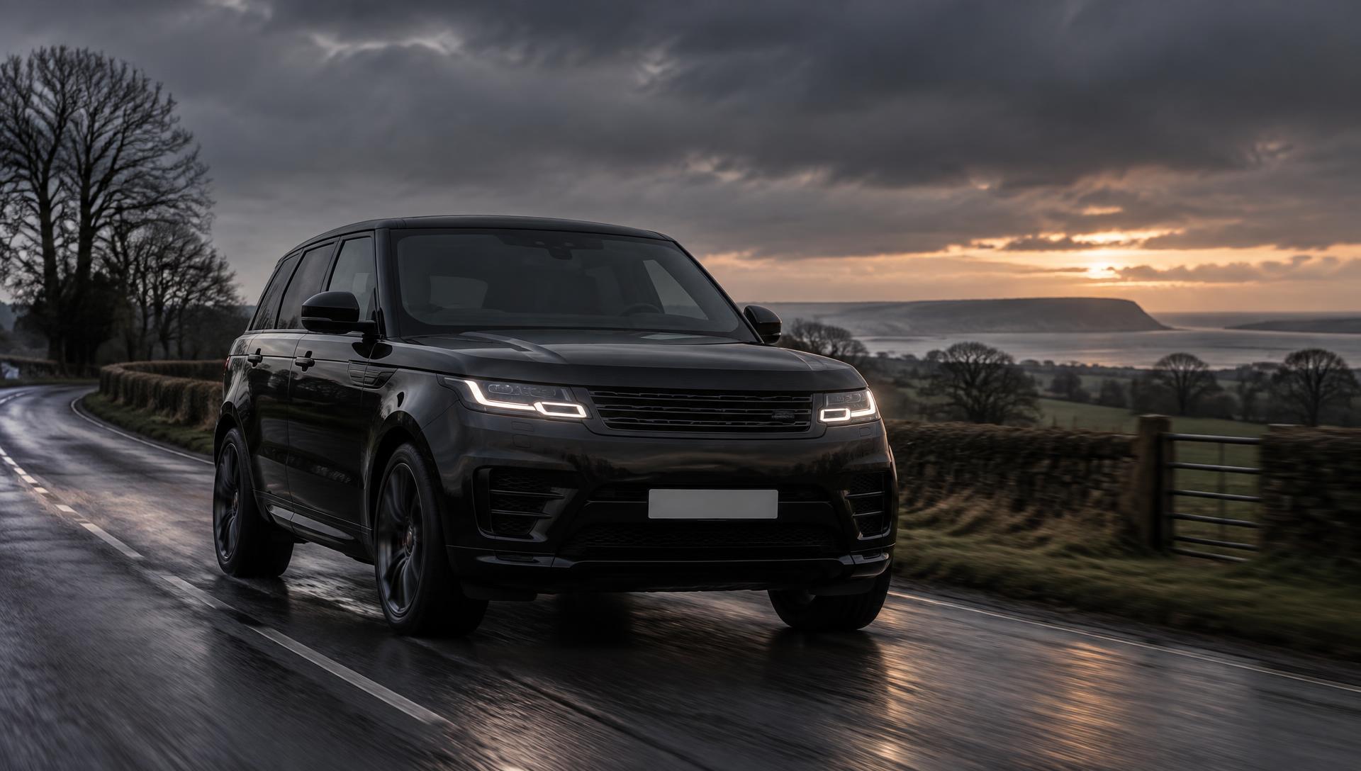 A dark luxury SUV on a wet British country road at dusk
